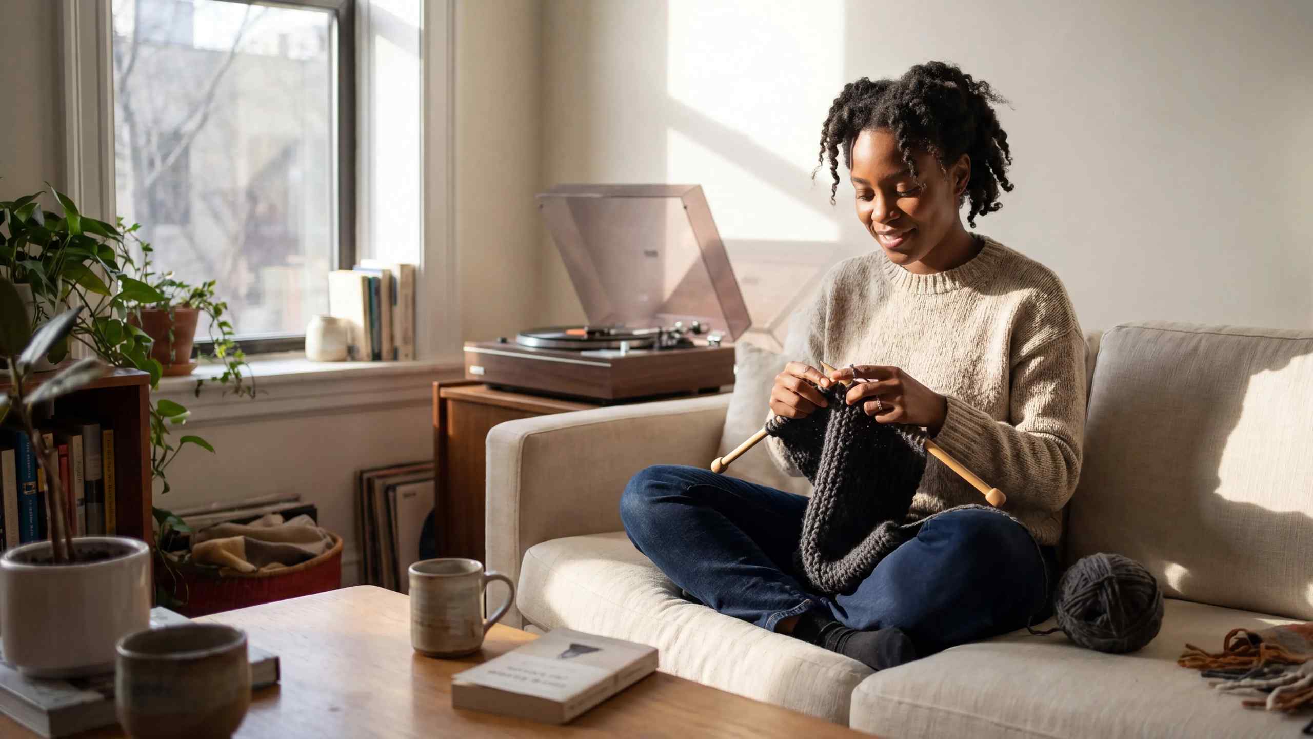 A woman taking part in an analog hobby: knitting.