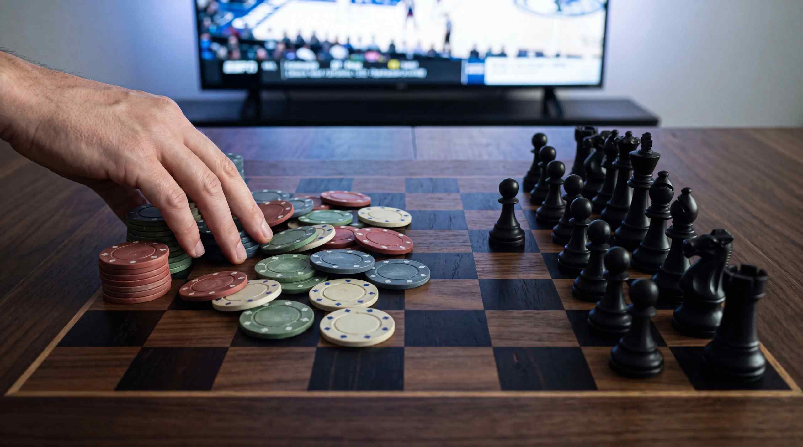 AI image of a person playing chess with poker chips and a game on the TV behind.