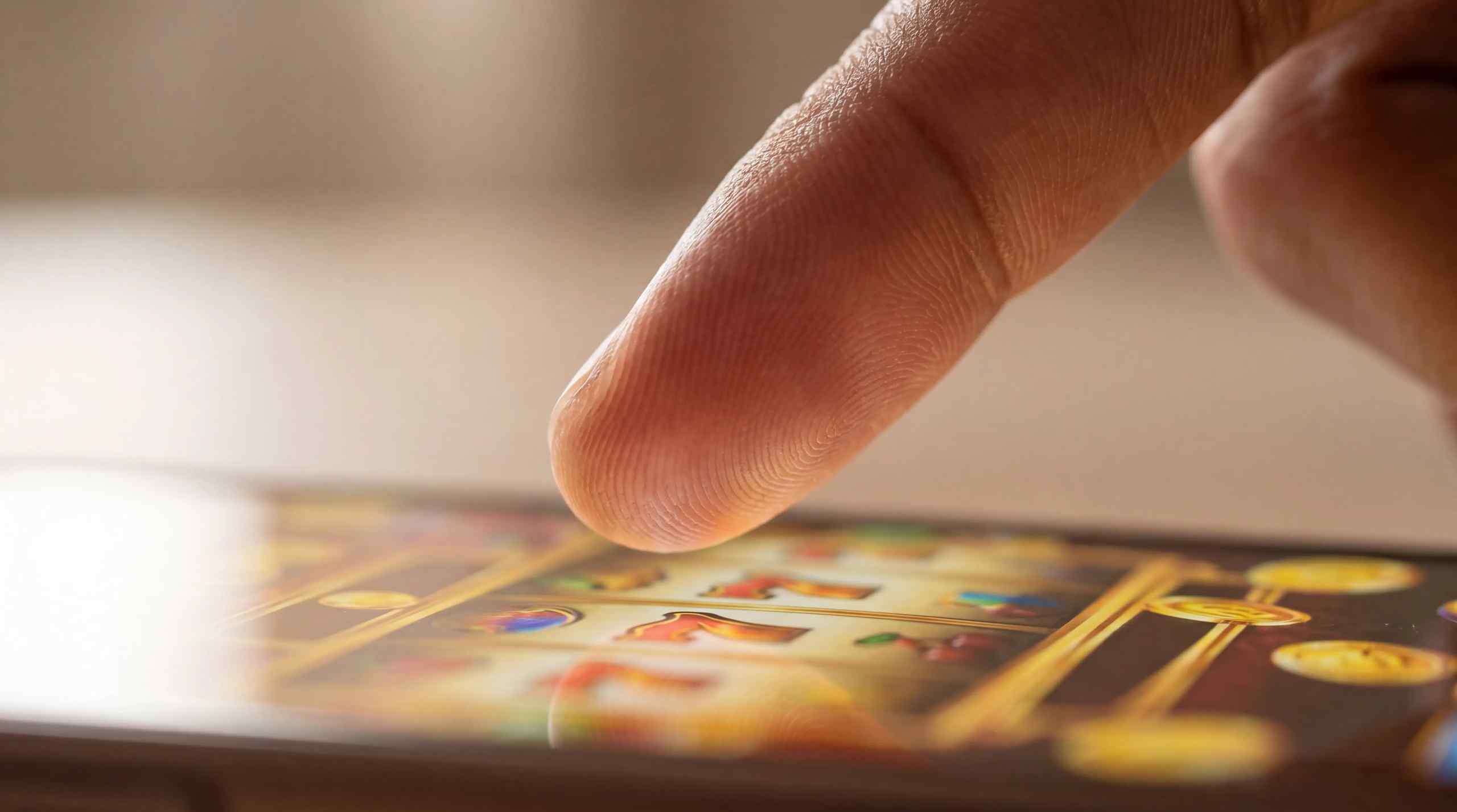 Finger touching a screen while playing a casino game.