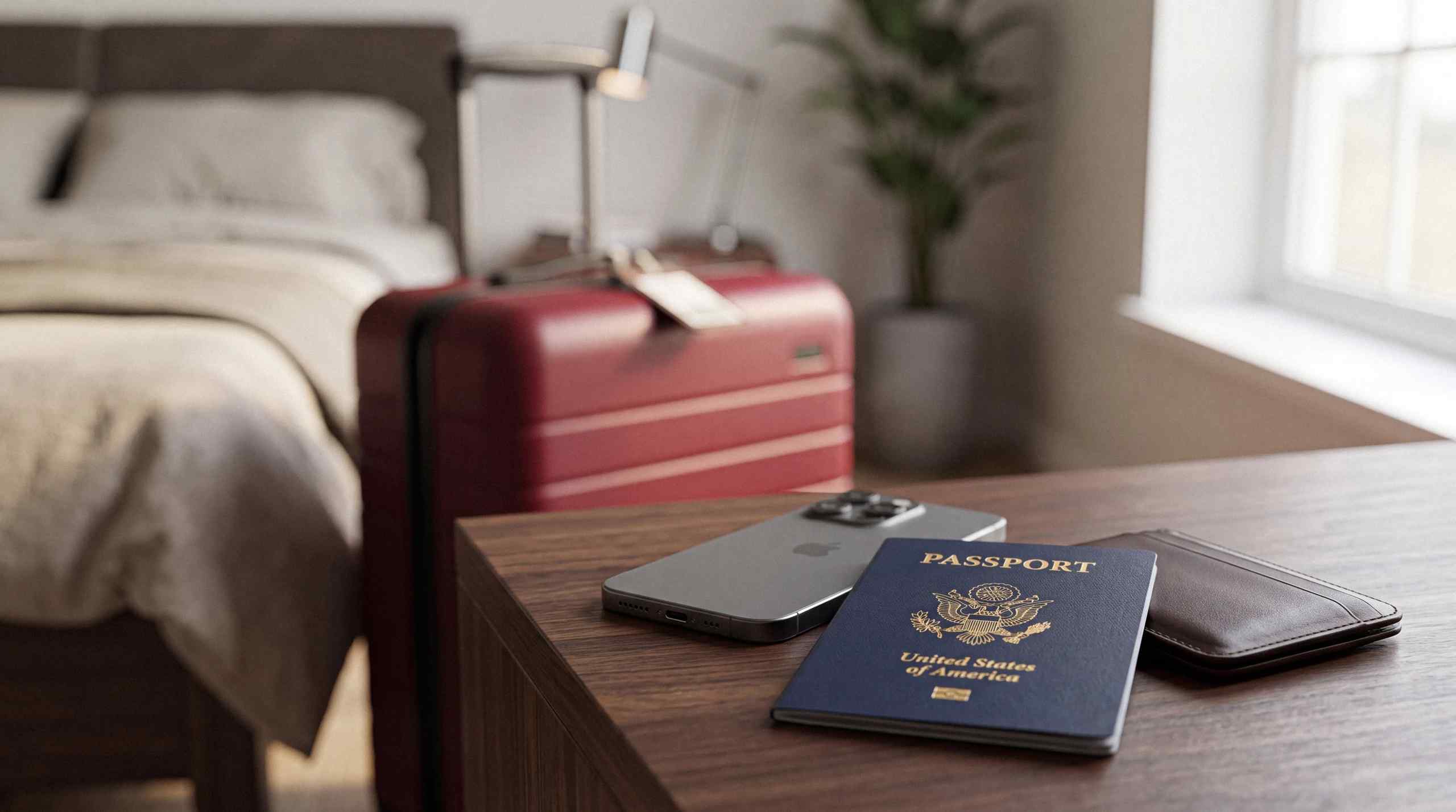 A collection of travel items including a rolling suitcase, smartphone, passport and wallet.