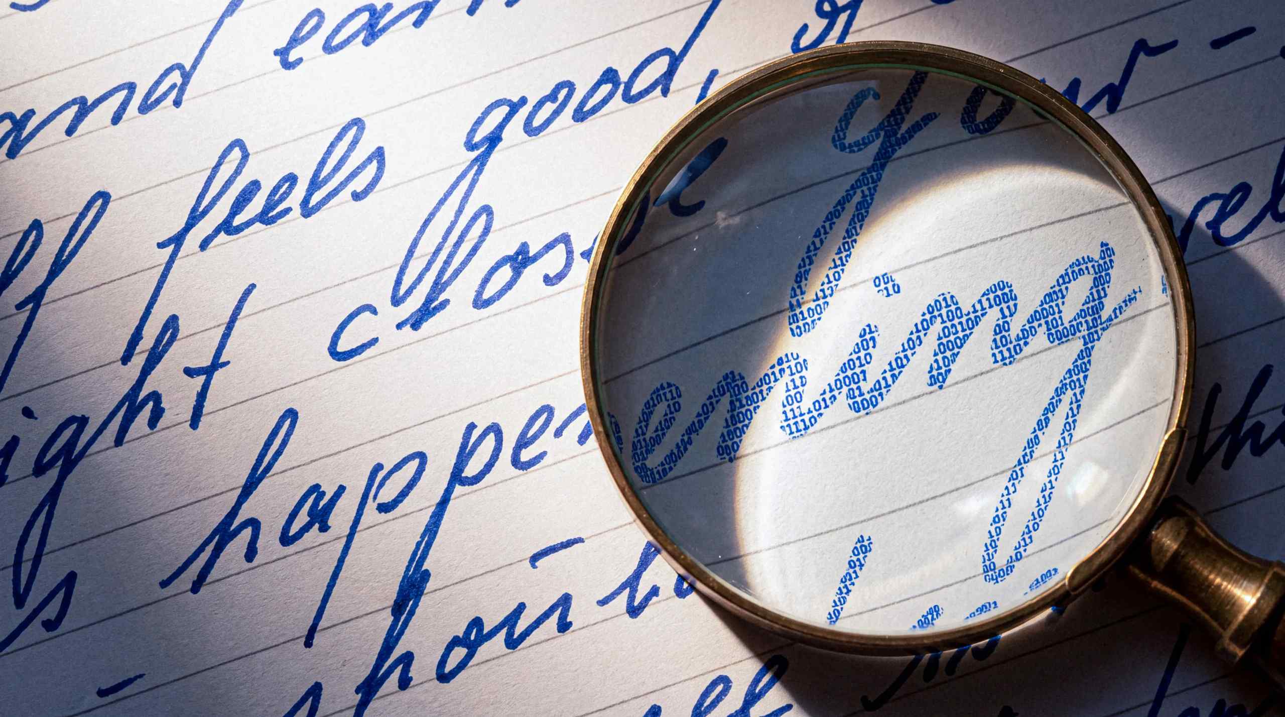 A magnifying glass looking at text that, upon close inspection, is written in binary code.
