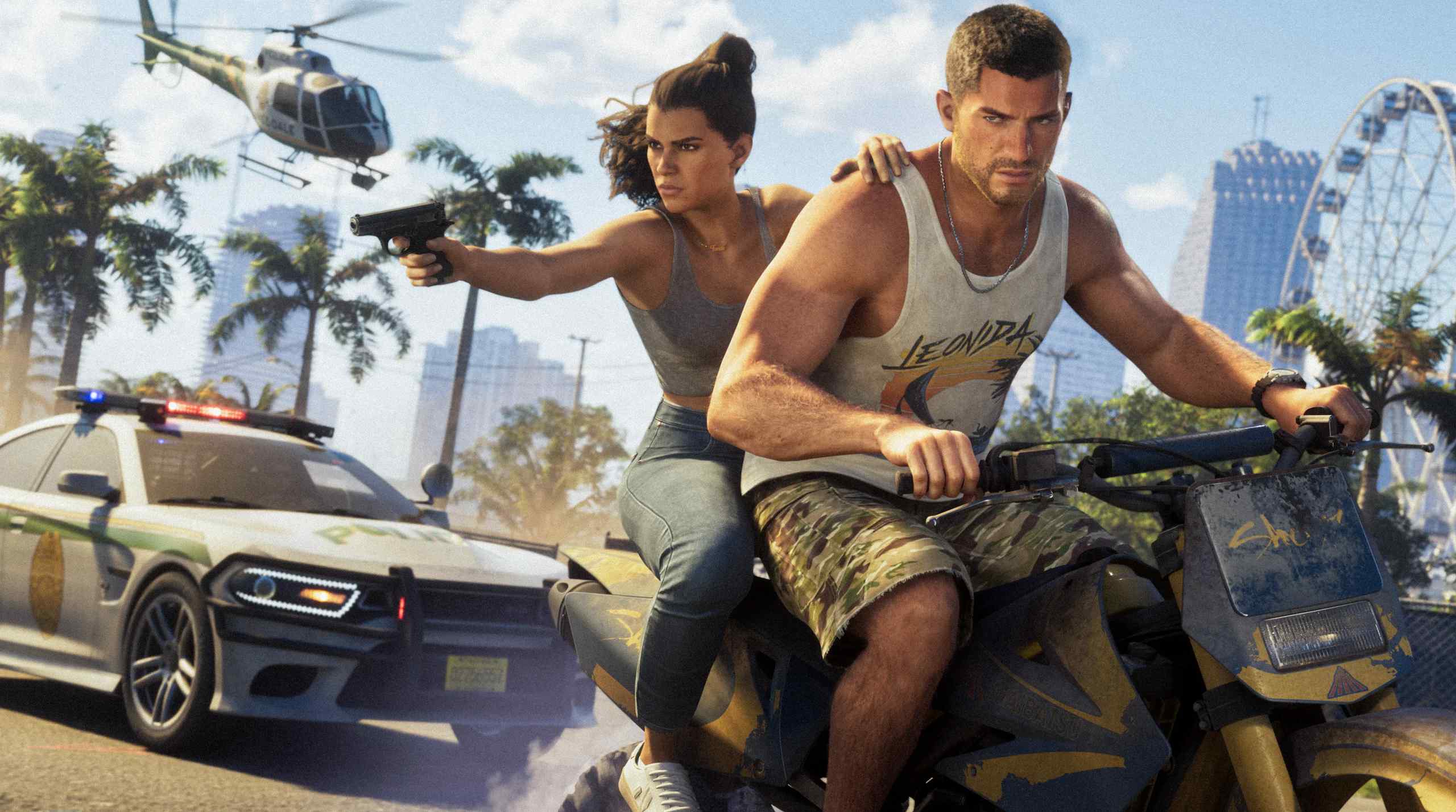 The cover art to GTA 6 featuring protagonists Lucia and Jason riding on a motorcycle.