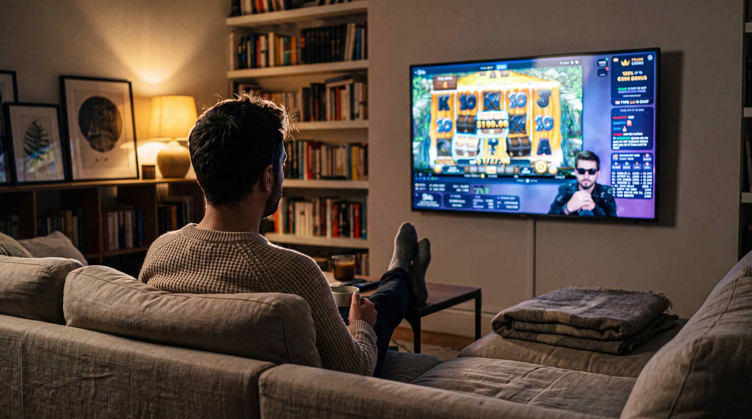 A man sitting at home watching a gambling stream displayed on his TV.