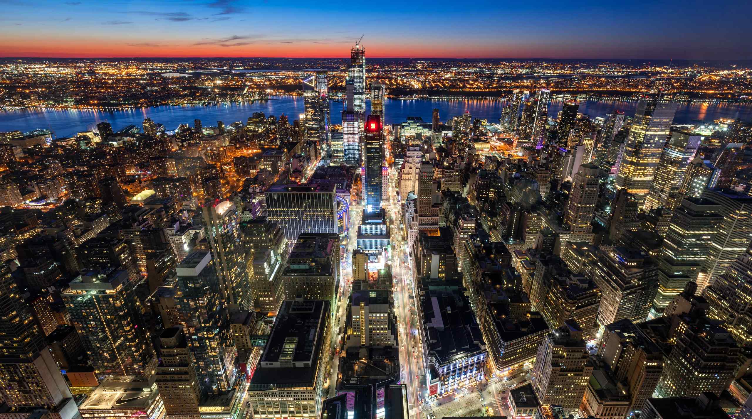 An arial view of New York city at night.