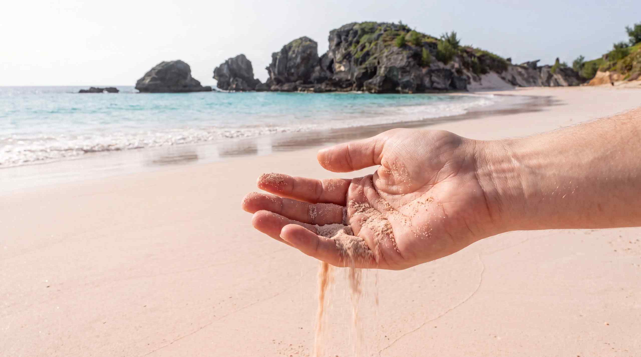 A hand touching sand on a beautiful beach.