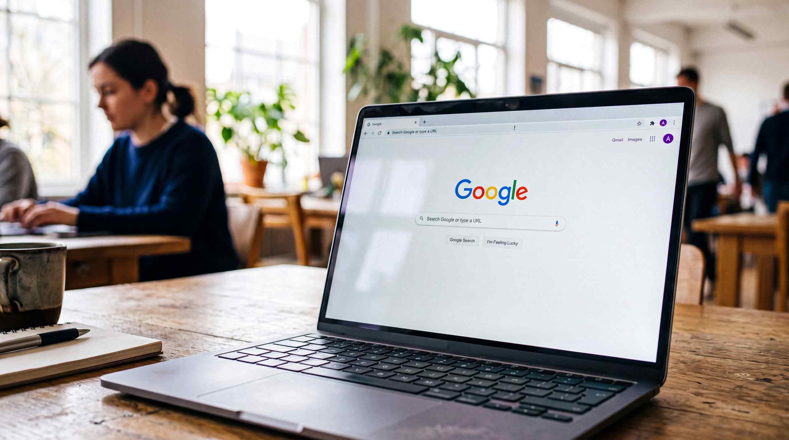 A laptop open to Google's home page.