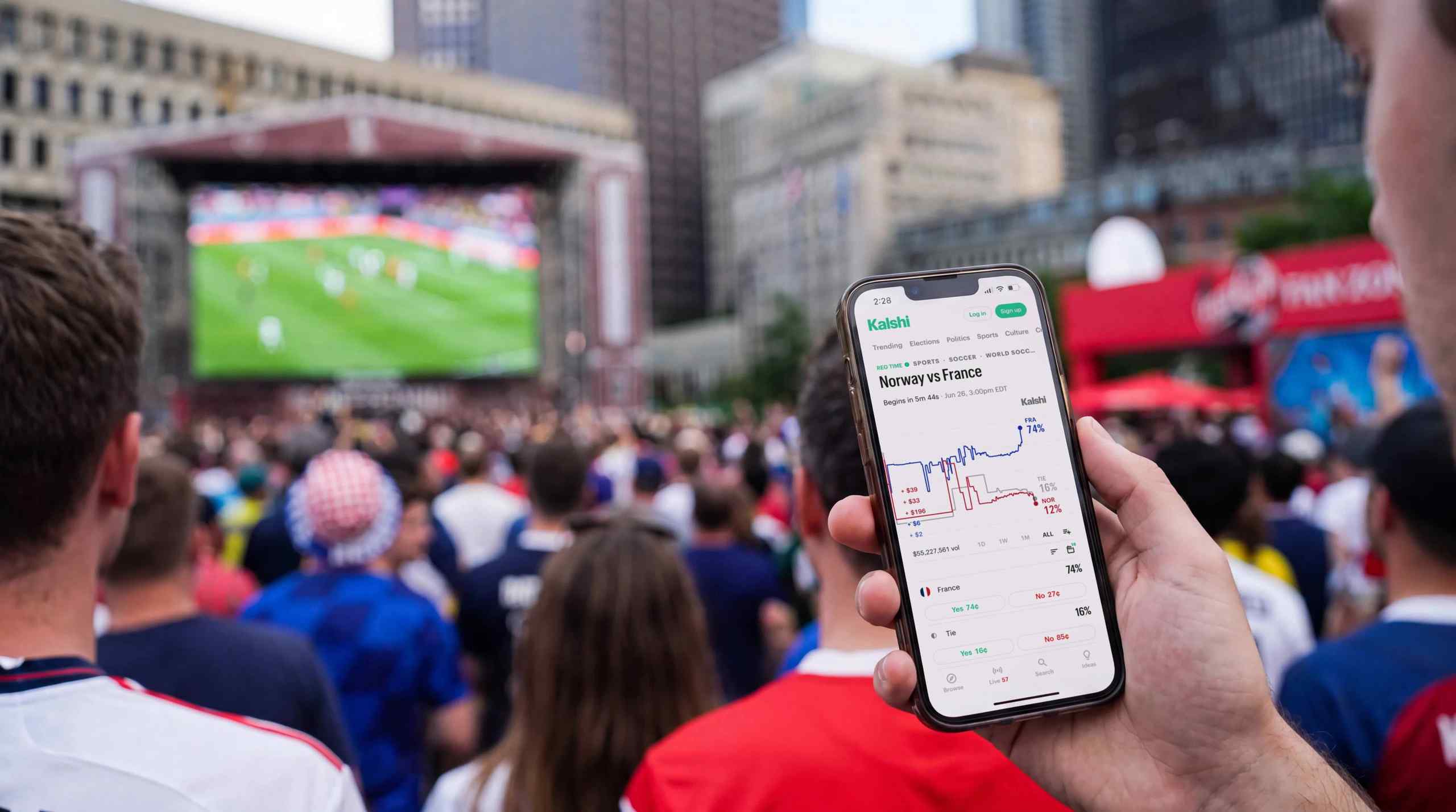 Someone checking the Kalshi on their phone while at a live sports viewing party.