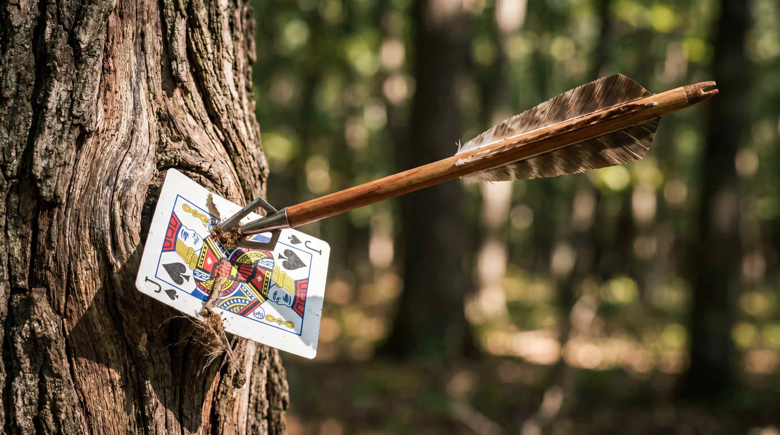 An arrow piercing a playing card.